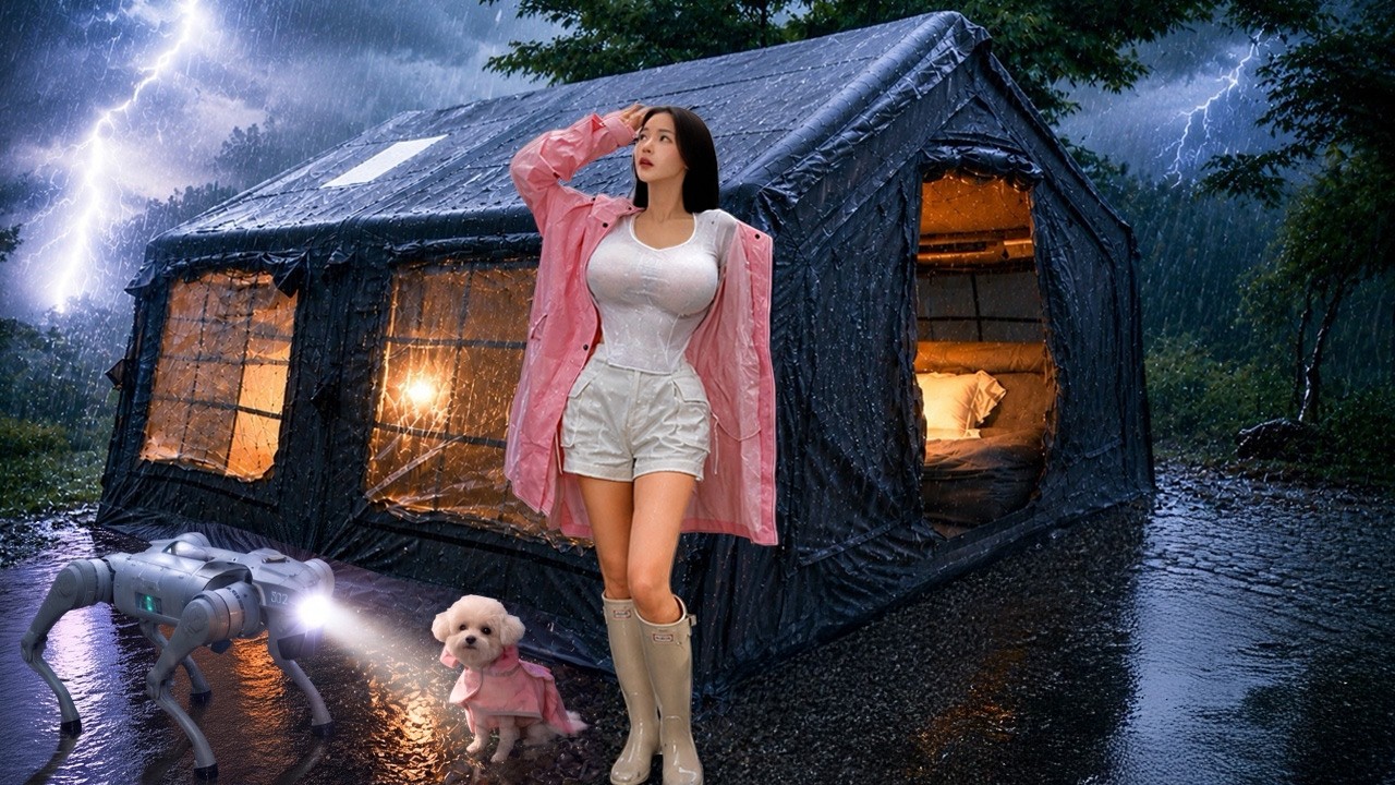 ☔️Heavy Rain Camping with Robot Dog⚡️ 2-Room Inflatable Tent | Rain ASMR