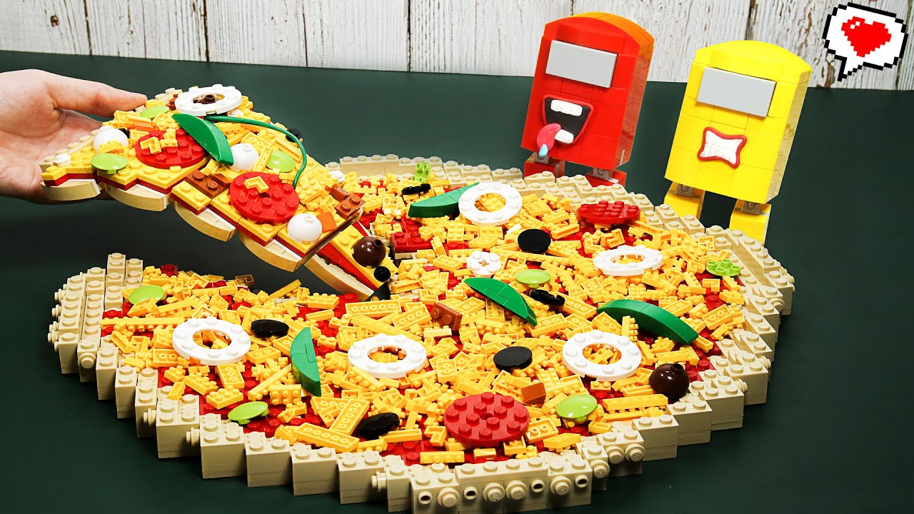 LEGO Among Us Mukbang : Making GIANT Pizza & Fast Food Challenge - Stop Motion Cooking ASMR