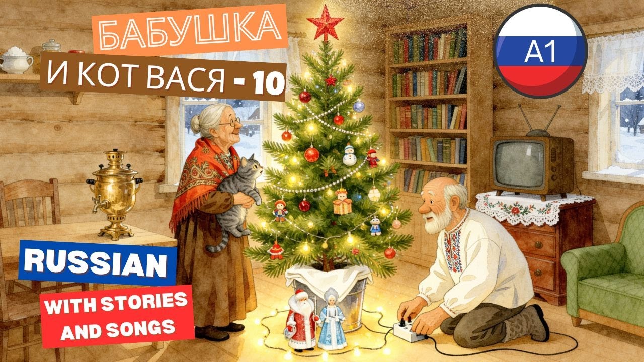 Learn Russian A1 Story + Song — Babushka & Cat Vasya = 🎄 The New Year Tree ⭐ (Part 10)