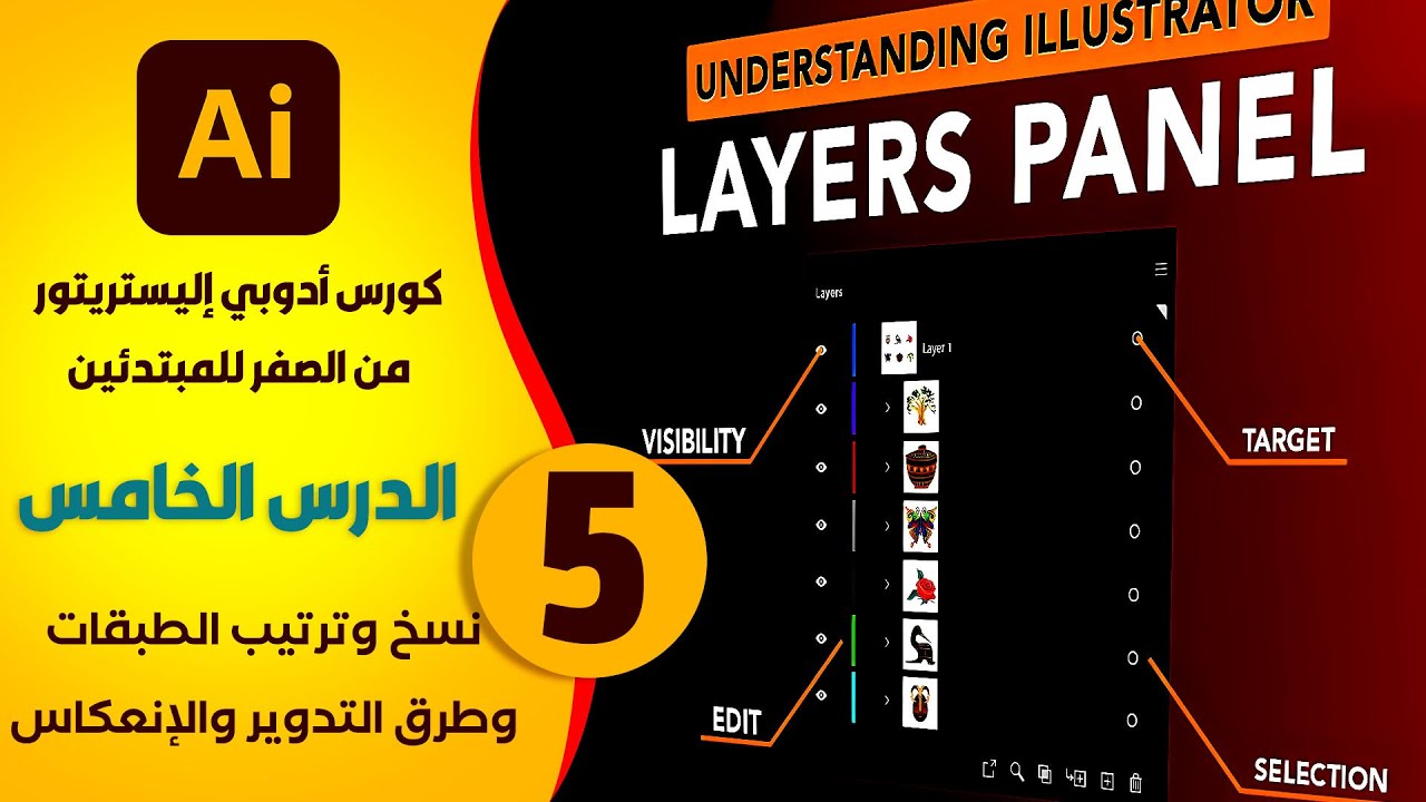 5- الدرس الخامس : النسخ والتدوير والإنعكاس وترتيب الطبقات | كورس اليستريتور مبتدأين