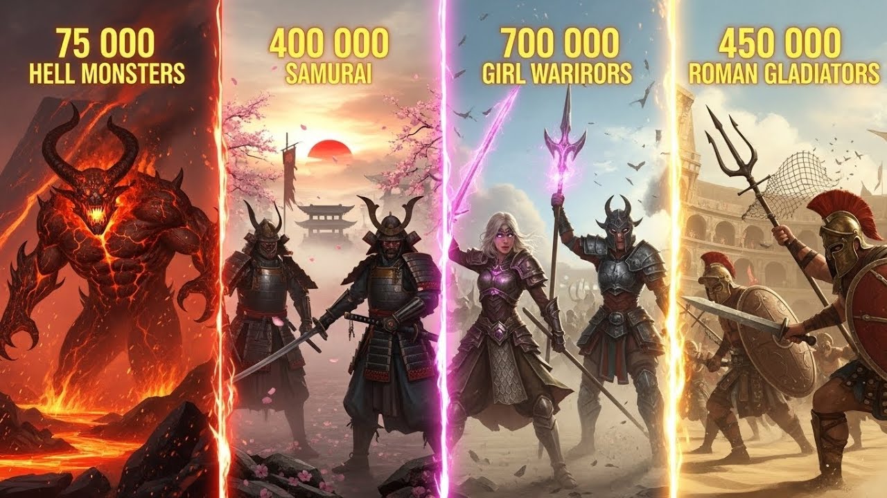 🔥 A Massive Four-Way War: Hell Monsters, Samurai, Girl Warriors and Gladiators ⚔️