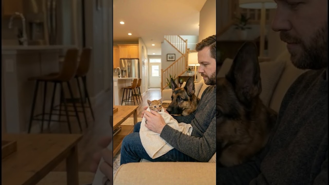 Homeless kitten saved by German Shepard and his owner