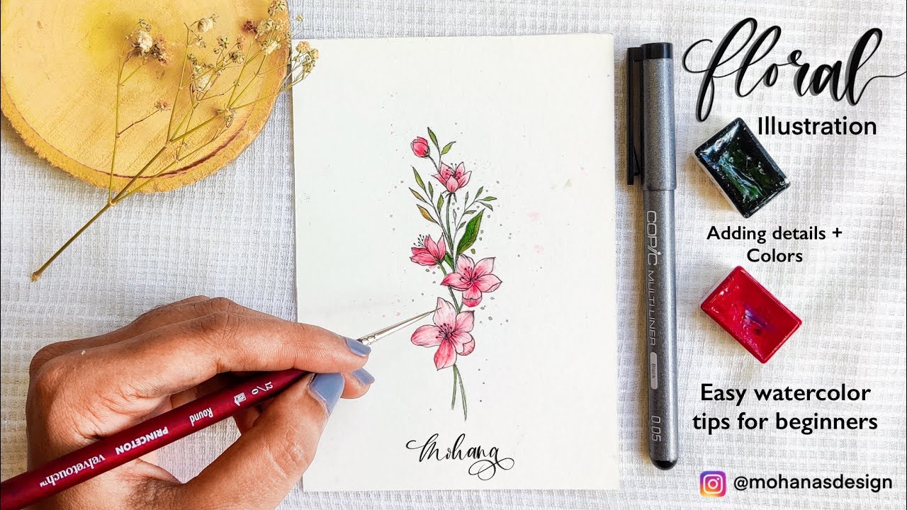 Watercolor Floral Illustration using Fine liners | Easy Watercolour painting for beginners