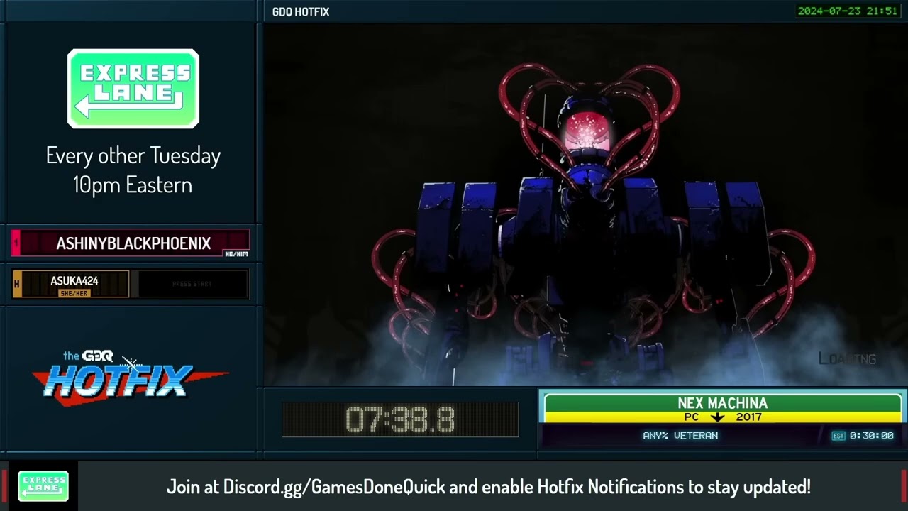 Nex Machina Veteran Any% at GDQ Hotfix Express Lane (25:52)