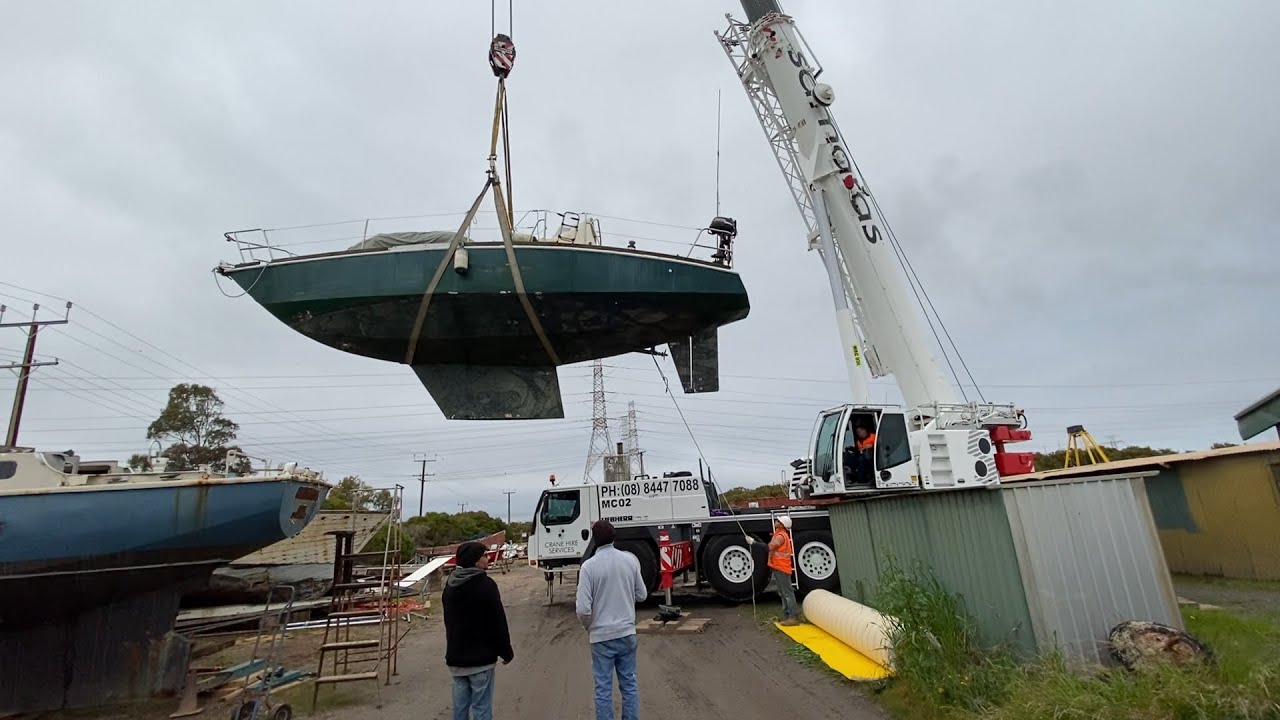 Crane Lifting the Bruce Roberts 34 #sailboat