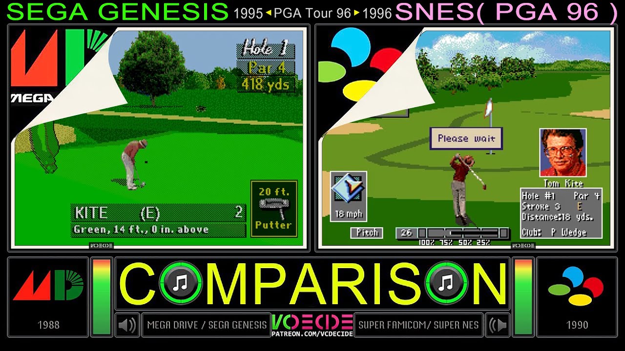 [4k60fps] PGA Tour 96 (Sega Genesis vs SNES) Side by Side Comparison | VCDECIDE