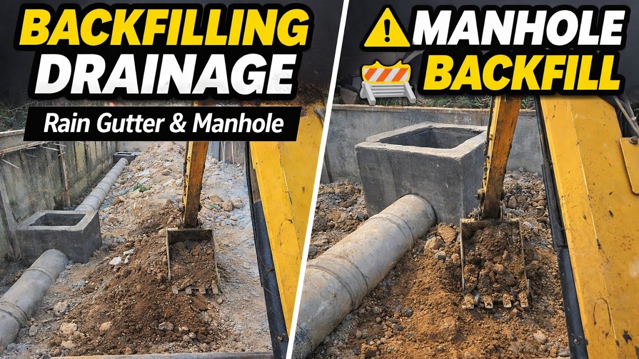 Backfilling Rain Gutters & Manhole | Excavator POV Satisfying Drainage Work