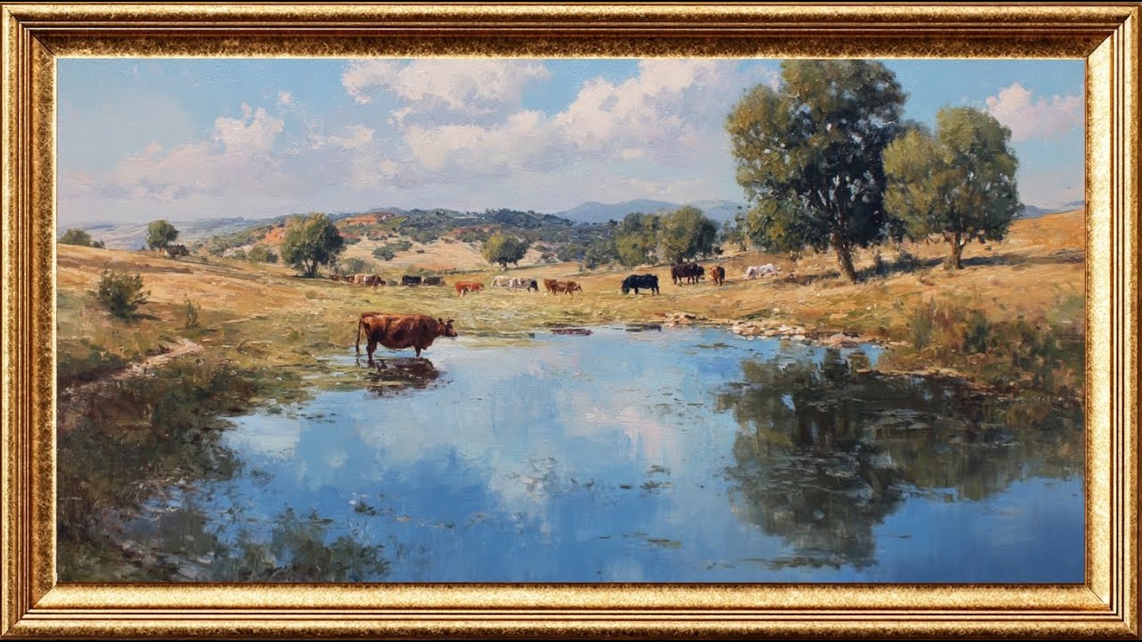 Cattle drinking | Classic Oil Painting Display | Timeless Art for TV (3 Hours)
