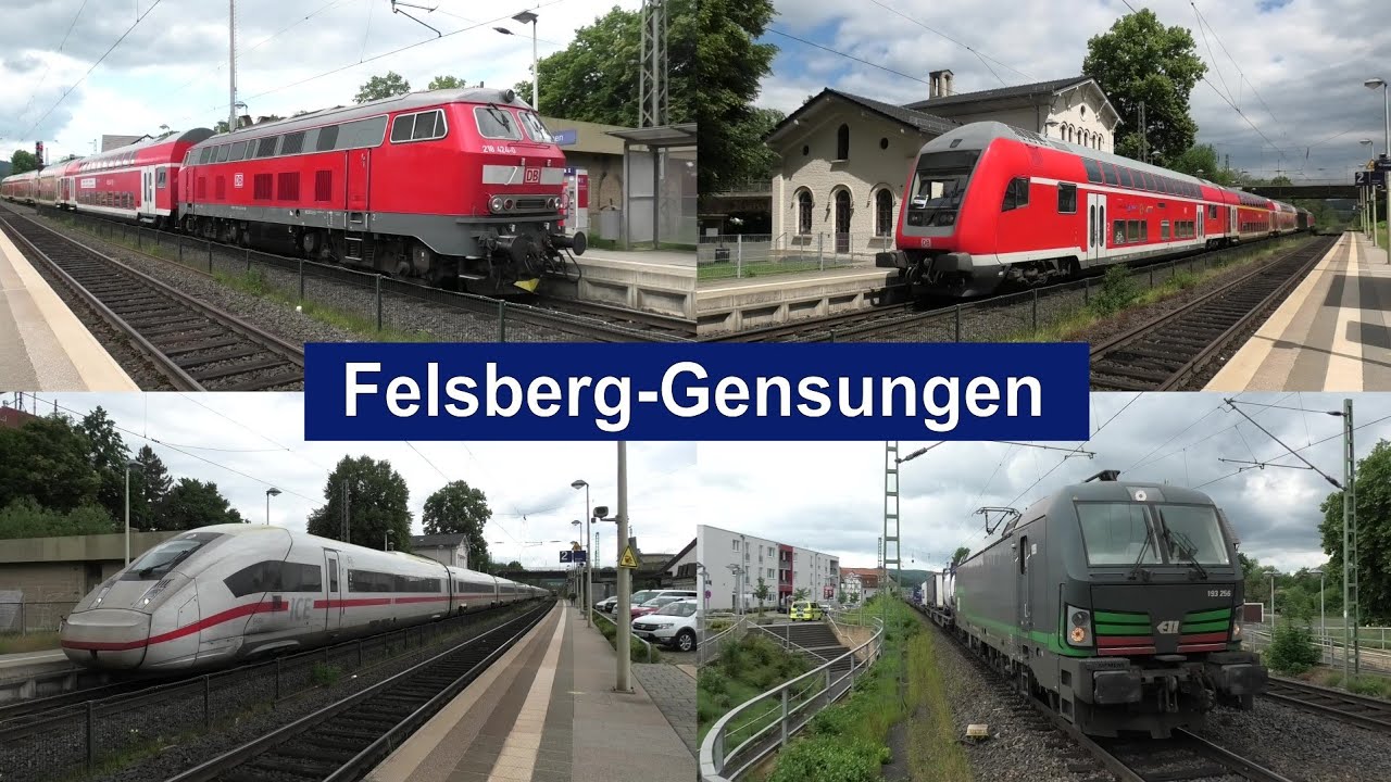 Bahnverkehr in Felsberg-Gensungen mit Br218 + Dostos, ICEs, Güterzügen, Br 146, HLB Flirt und mehr