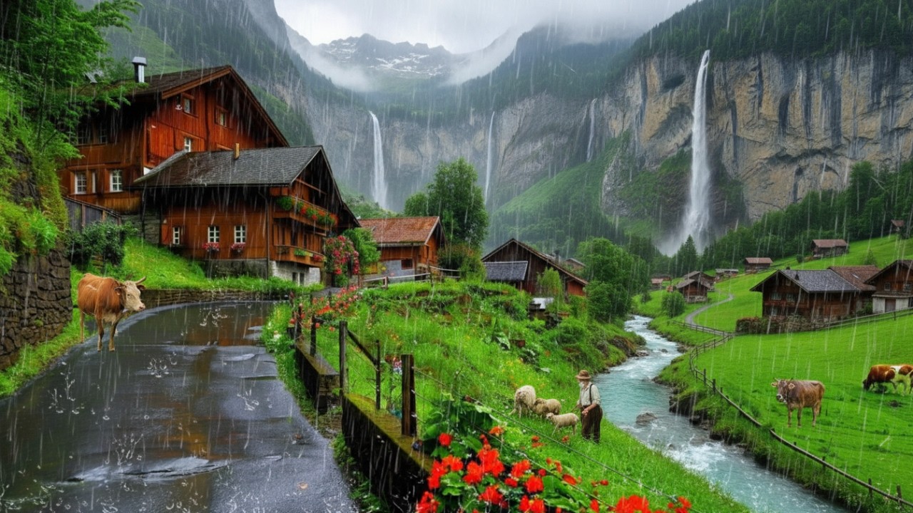 Heavy Rain in Switzerland Village 4K 🌧️ Relaxing Walking Tour Experience
