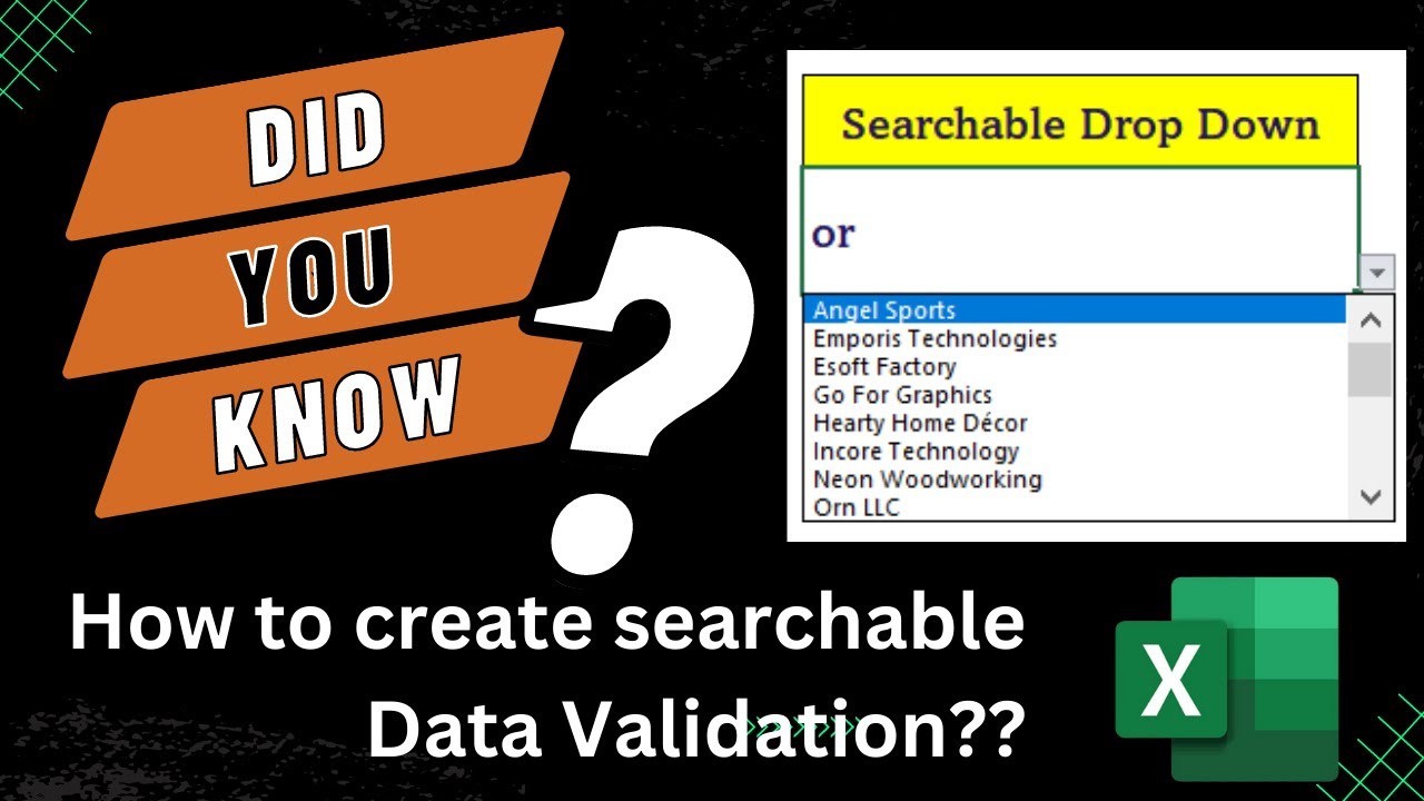 Searchable Data Validation List.   Searchable Drop-Down List in Excel.