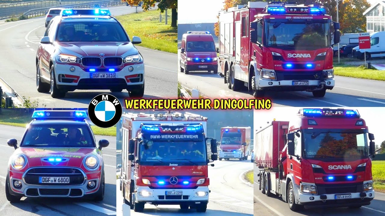 [BMW Werkfeuerwehr Dingolfing] MINI-KdoW, HLF-Logistik, WLF-Kran etc. - 8 Fahrzeuge auf Einsatzfahrt