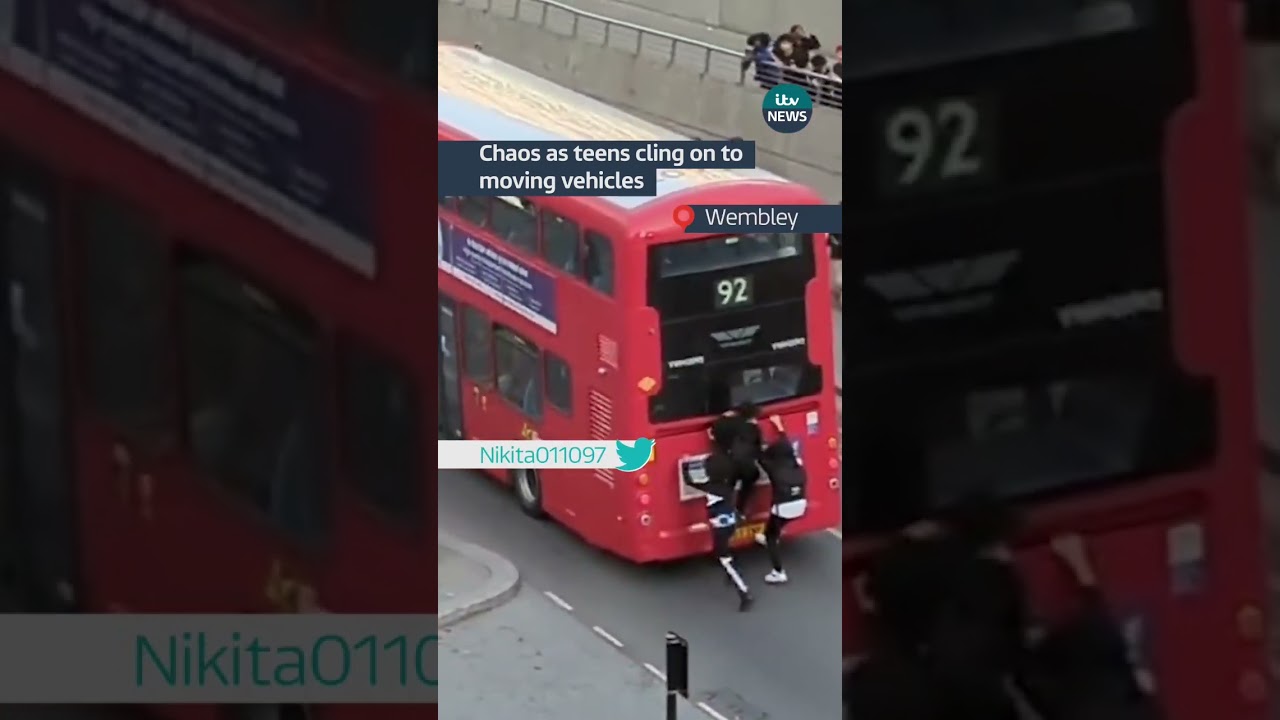 Chaos as teens cling on to moving vehicles #itvnews #wembley
