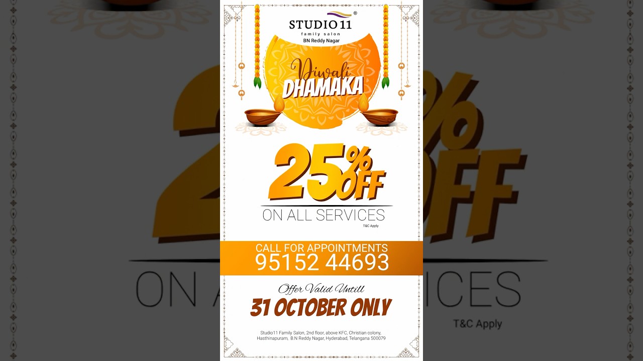 Studio11 Family Salon BN Reddy Nagar | Diwali Offer #offer #beautyparlour #bnreddynagar #hairsalon