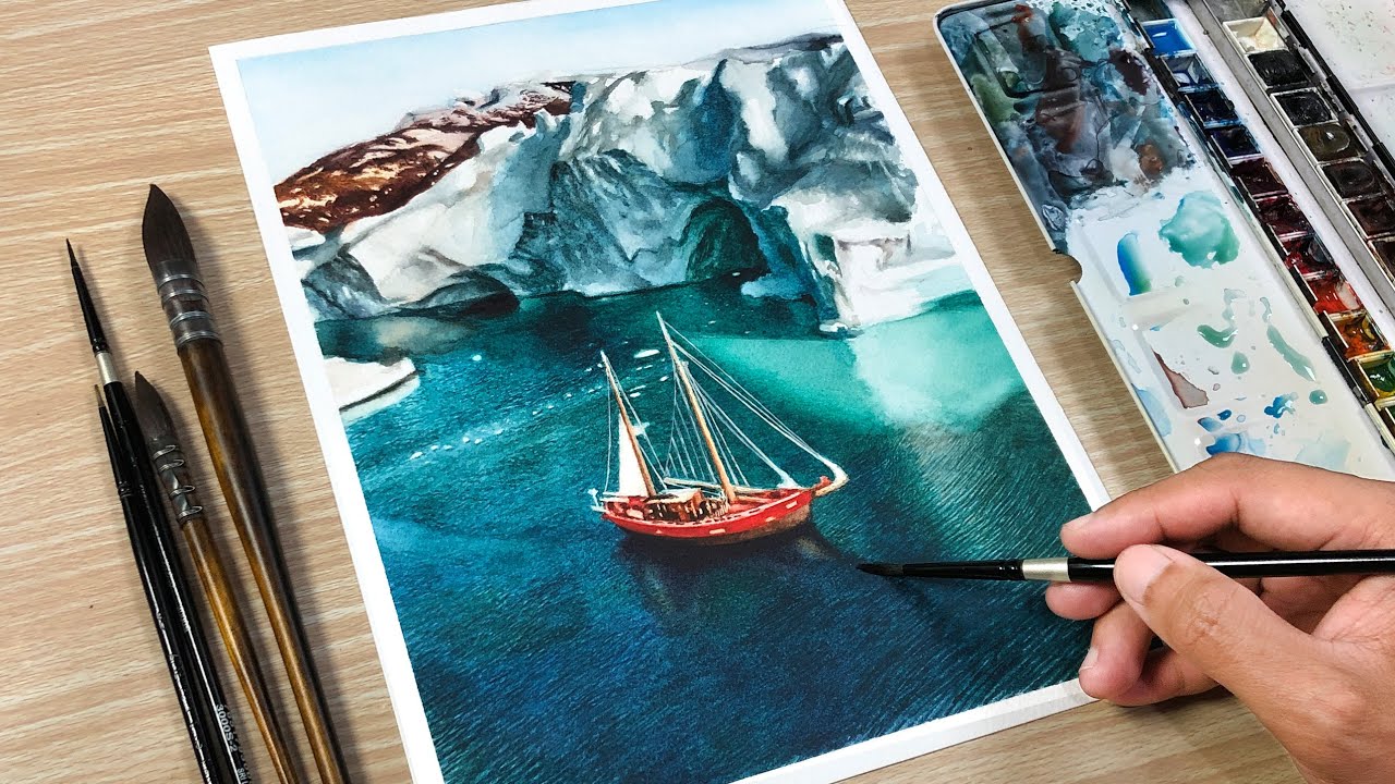 Watercolor Painting of Sailboat on Sea with Ice Cliffs