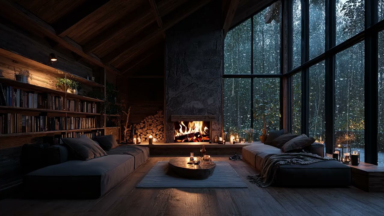 Rainy Forest Night Through Large Windows 🌧️ Crackling Wood Stove in a Dark Cozy Bedroom