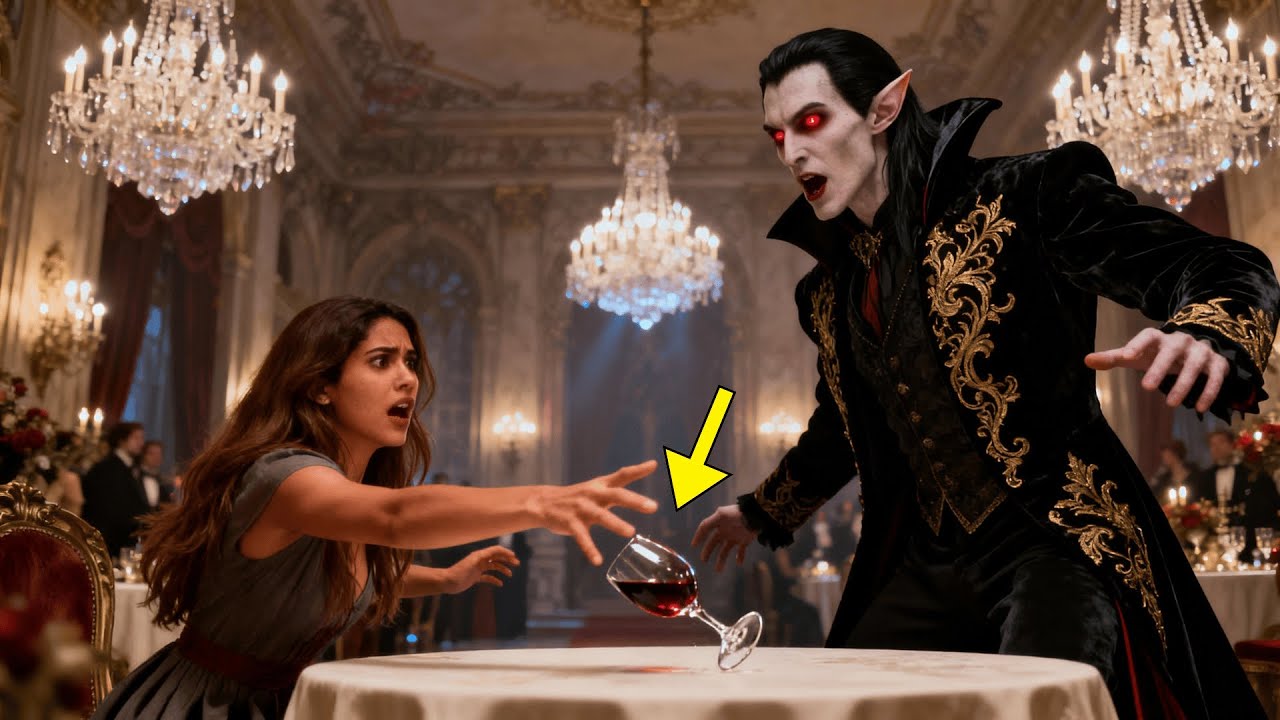 Una mujer lee labios de cuatro hombres en gala y golpea la copa del REY VAMPIRO antes de que beba