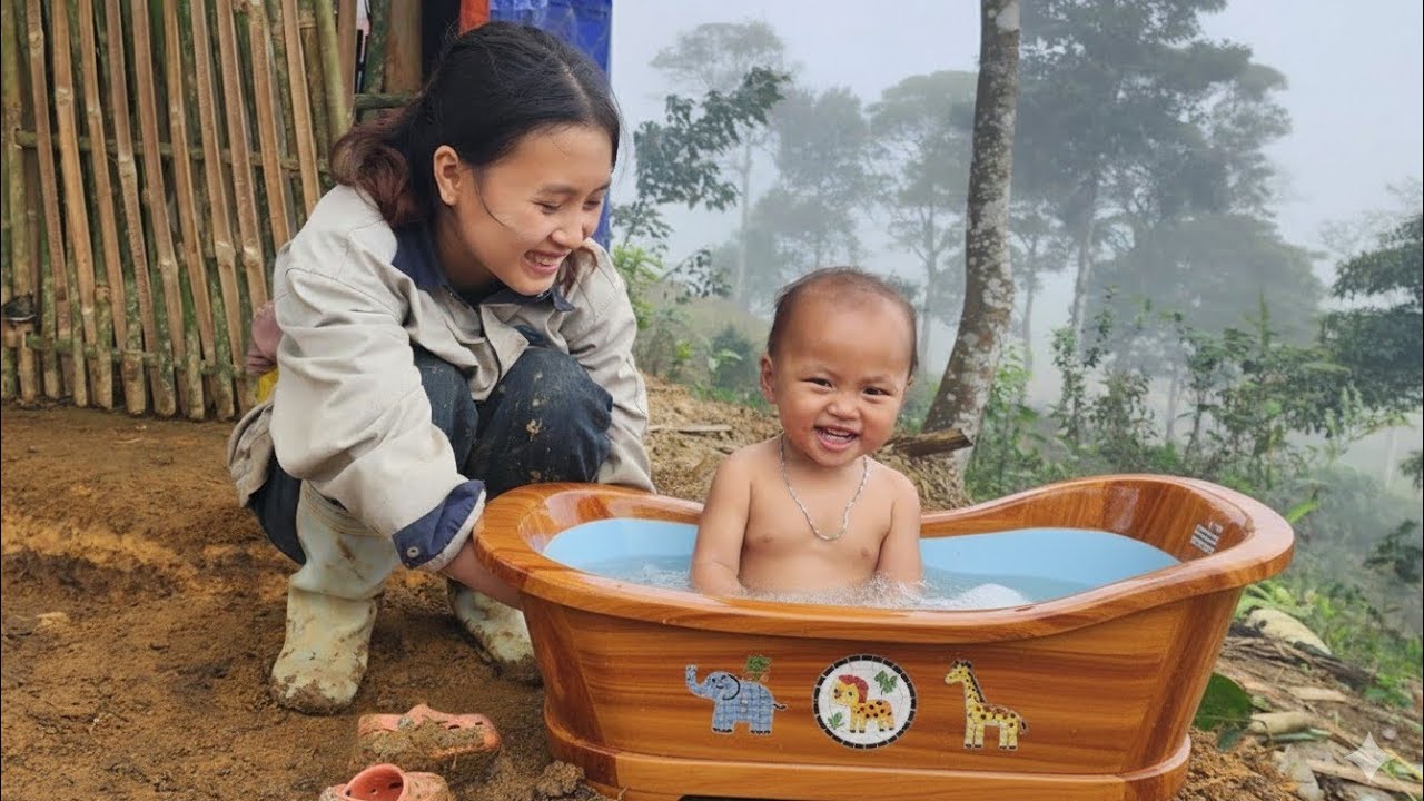 Mother and daughter pour water into a pot.