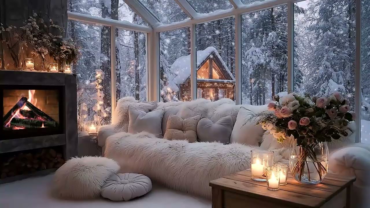 🎹❄️ Peaceful Winter Piano Lounge | White Room Fireplace Warmth & Gentle Snow for Sleep