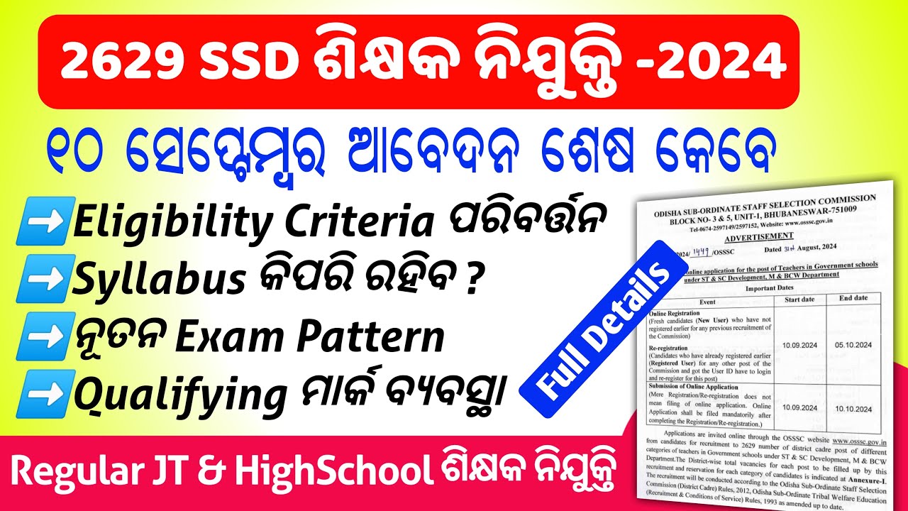 OSSSC Regular Teacher Recruitment 2024 Eligibility,Syllabus,Exam Pattern/SSD Teacher recruitment2024