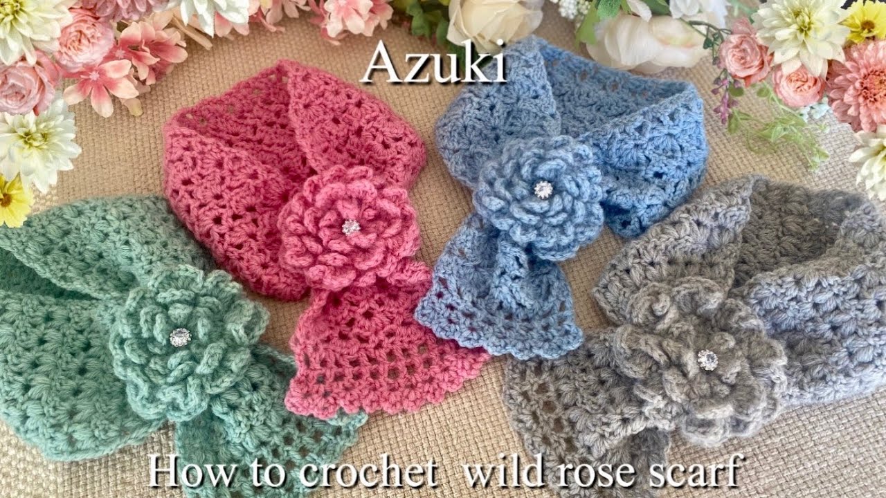 【かぎ針編み】野薔薇のミニマフラー🌹｜レトロ可愛い｜かぎ針編み｜How to crochet