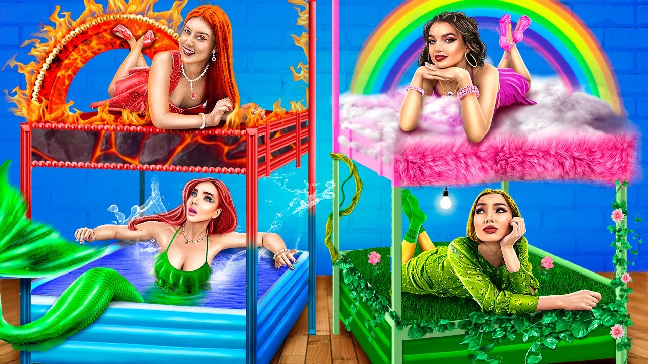 Four Elements Build a Bunk Bed! Fire Girl, Water Girl, Air Girl and Earth Girl!