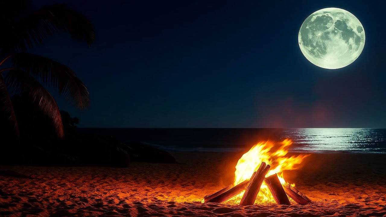 Full Moon Beach Campfire Ambience 12 Hours &ndash; Relaxing Ocean Waves & Crackling Fire Sounds for Sleep