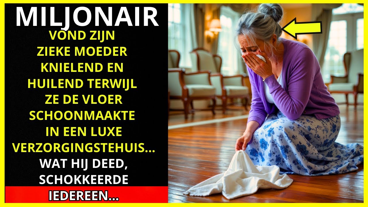 EEN MILJONAIR VOND ZIJN MOEDER OP HAAR KNIEËN, HUILEND TERWIJL ZE DE VLOER SCHOONMAAKTE IN EEN LUXE