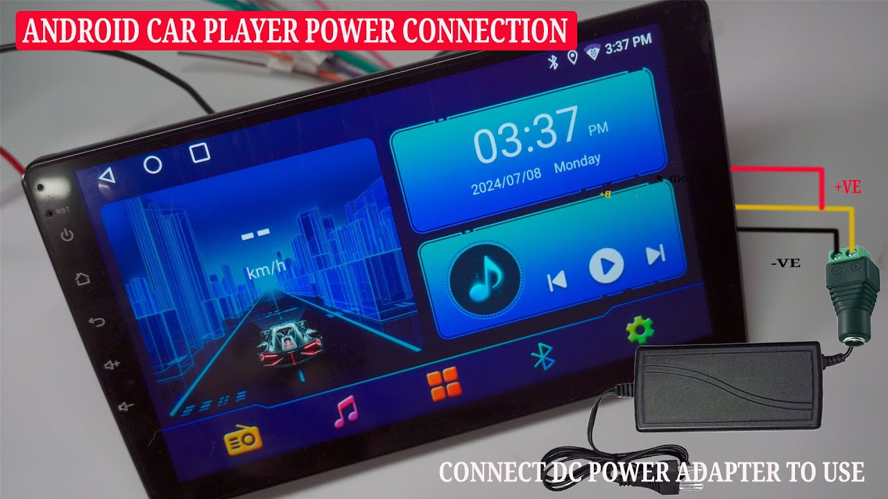 Android car player unbox and demonstrate power connection from car battery and DC 12-volt adapter.
