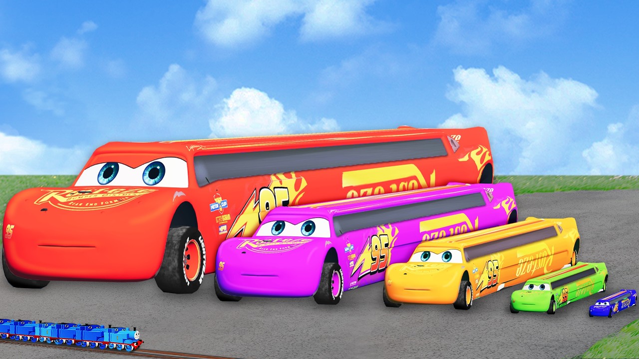 Big & Small Colors Long Lightning McQueen Limo Car vs Thomas Trains | BeamNG.drive for Test Cars
