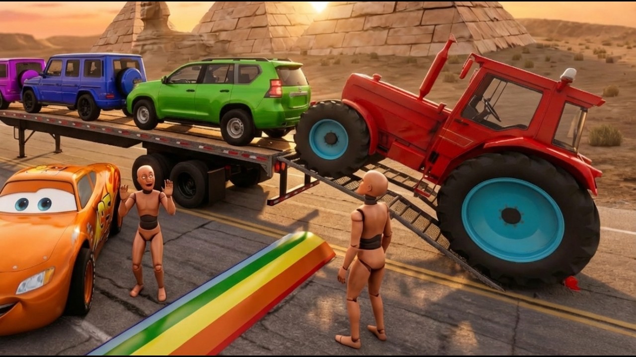 TRANSPORTING PIXAR CARS & FRUITS WITH COLORED & JOHN DEERE vs CLAAS vs TRACTORS - BeamNG.drive #27