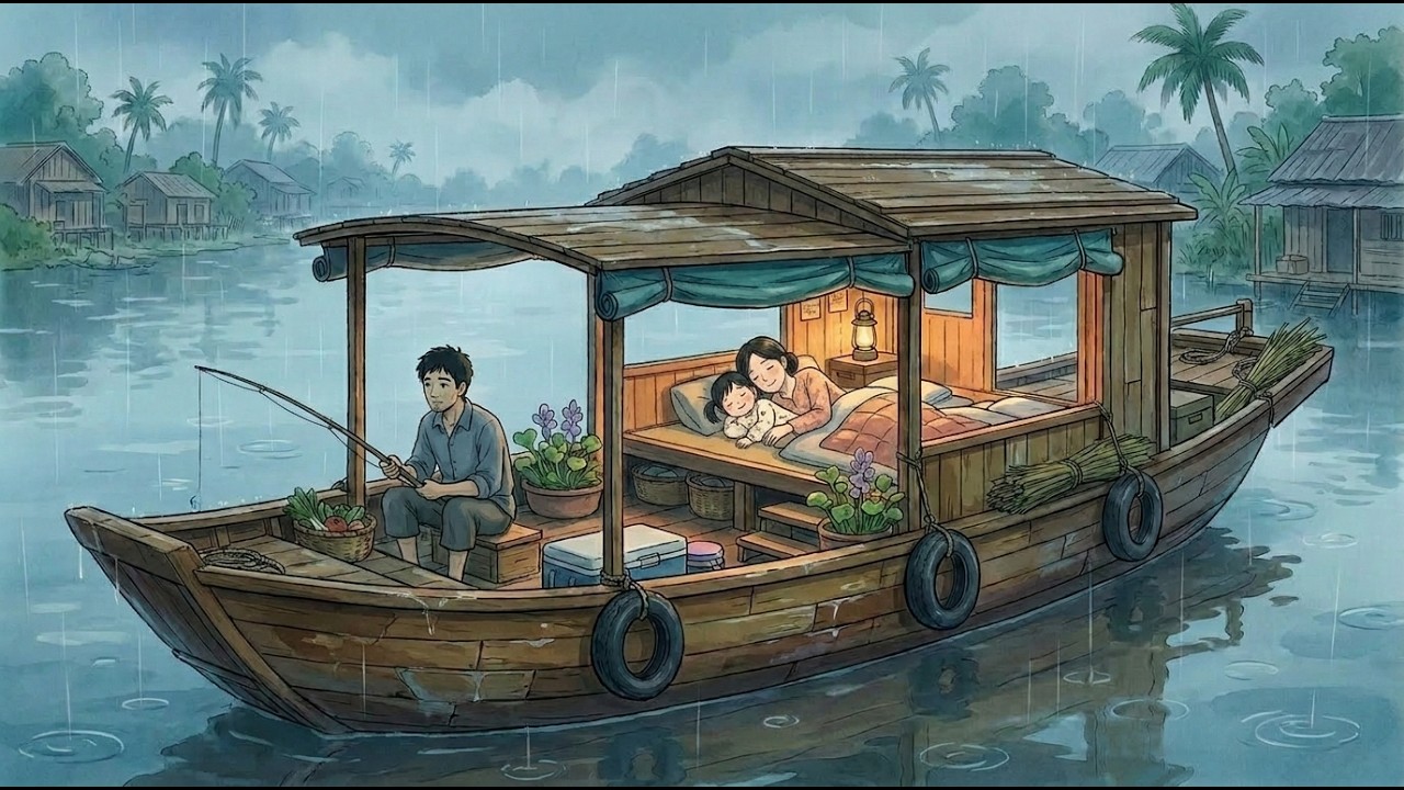 Sleeping in a Cozy Wooden Boat Cabin 🛶 on a Rainy Peaceful Day 🌧️ River Cooking ASMR & Ghibli Style