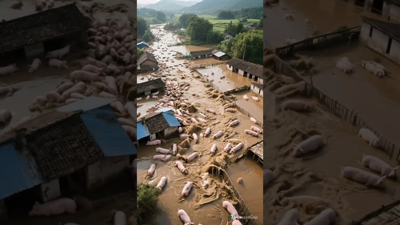 "Stranded in the Flood: A Chinese Pig Farm Submerged"