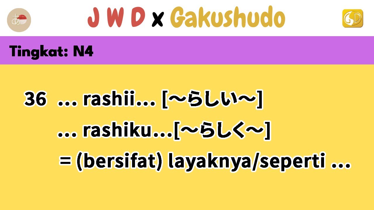 36. Kelas: N4: Pola Kalimat ||… rashii… [～らしい～]･… rashiku…[～らしく～] = (bersifat) layaknya/seperti …
