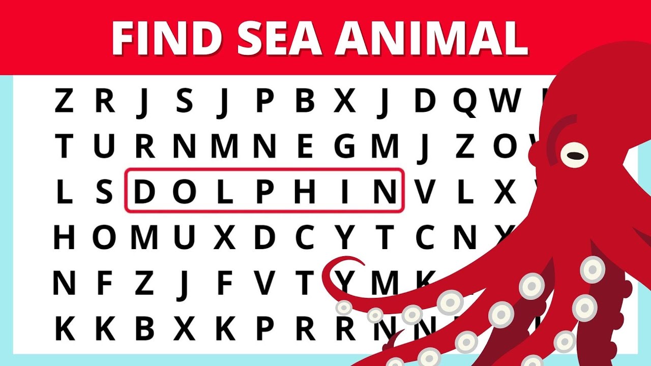 🐋🐙🐚 Sea Animals Names Quiz | Words Game | Word Search Game - Sea Animals, Word Search Puzzles
