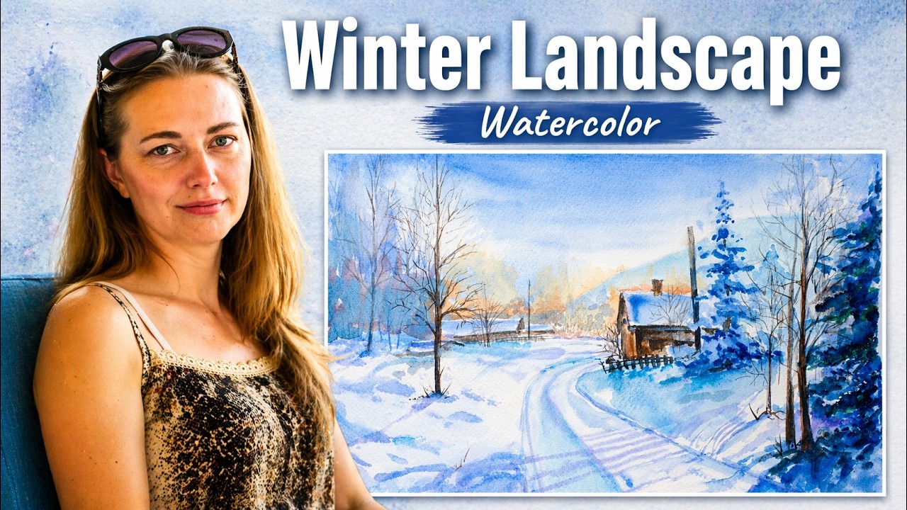 Winter Watercolor Landscape | Calm Painting Process | Snowy Nature & Distant Houses