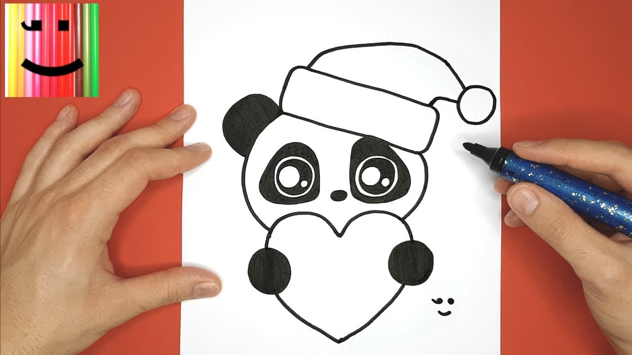 DESSIN SYMPA ET FACILE POUR NOËL - PANDA AVEC UN COEUR ET BONNET ROUGE