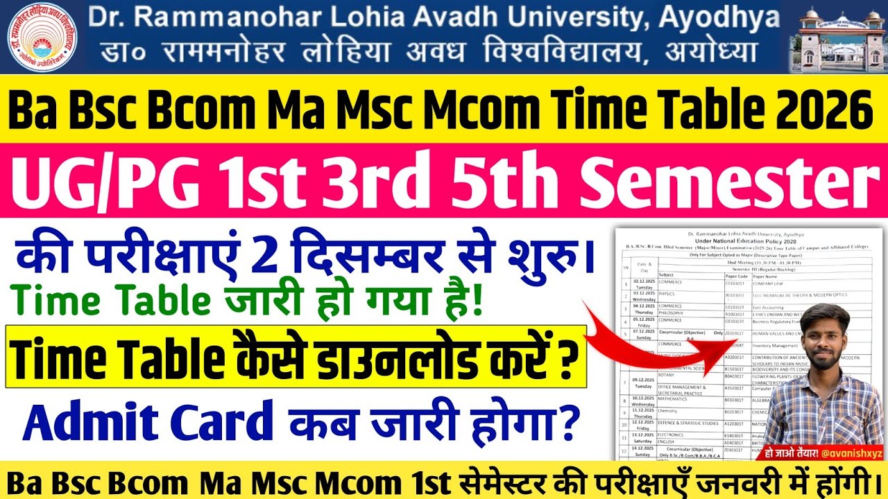 rmlau time table 2025 rmlau ba bsc ma msc 3rd 5th semester time table 2025-26 rmlau exam date 2025
