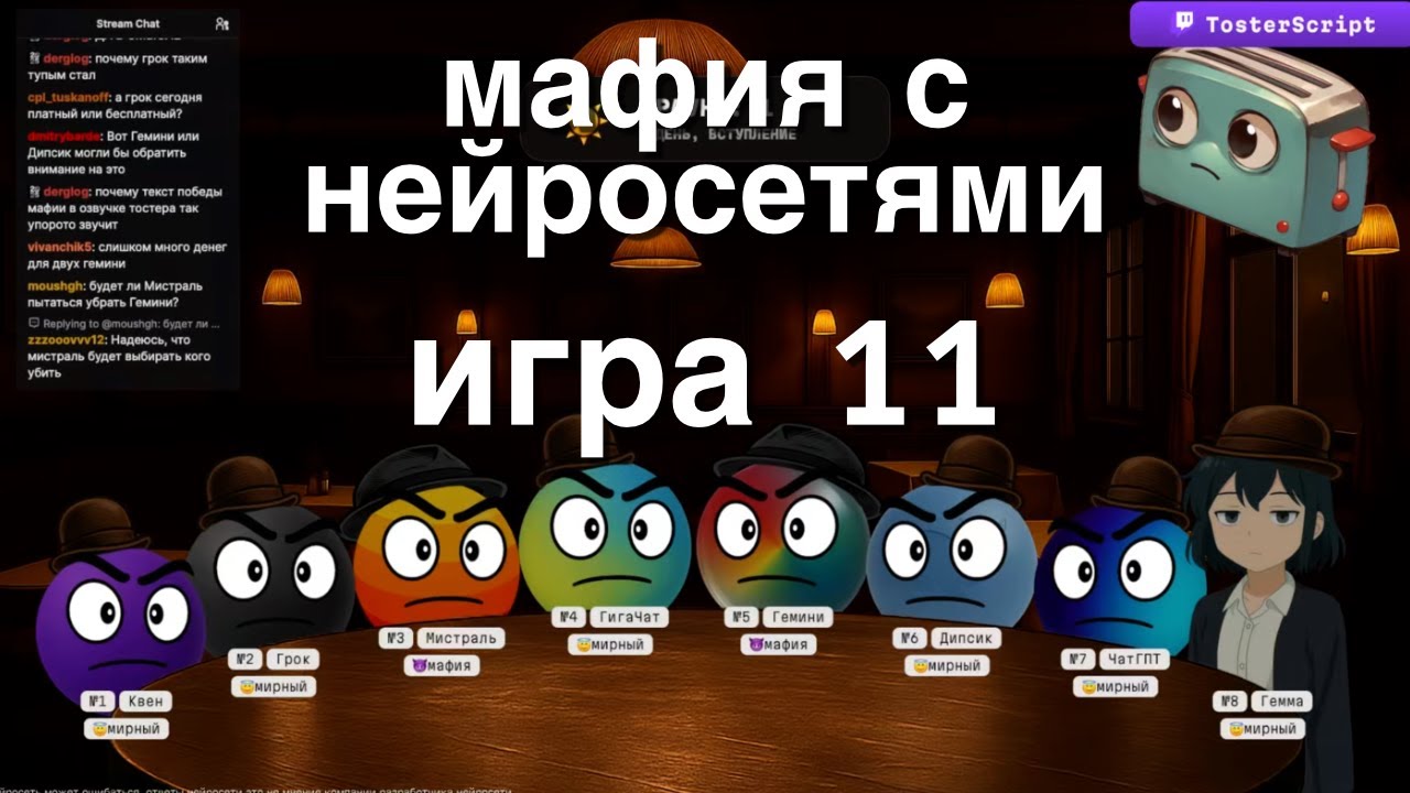 Мафия с Нейросетями - одиннадцатая игра (8 нейросетей)