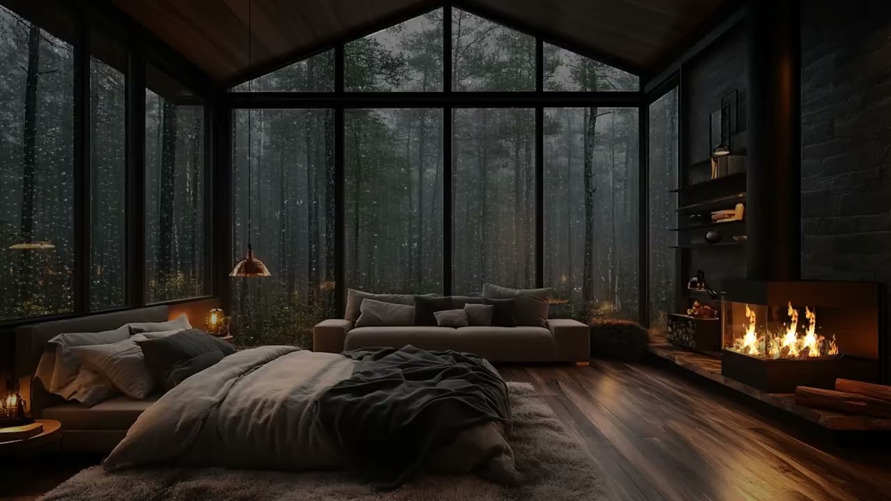 Natural Rain Sound and Crackling Fireplace for Deep Sleep Stress Relief and Relaxation