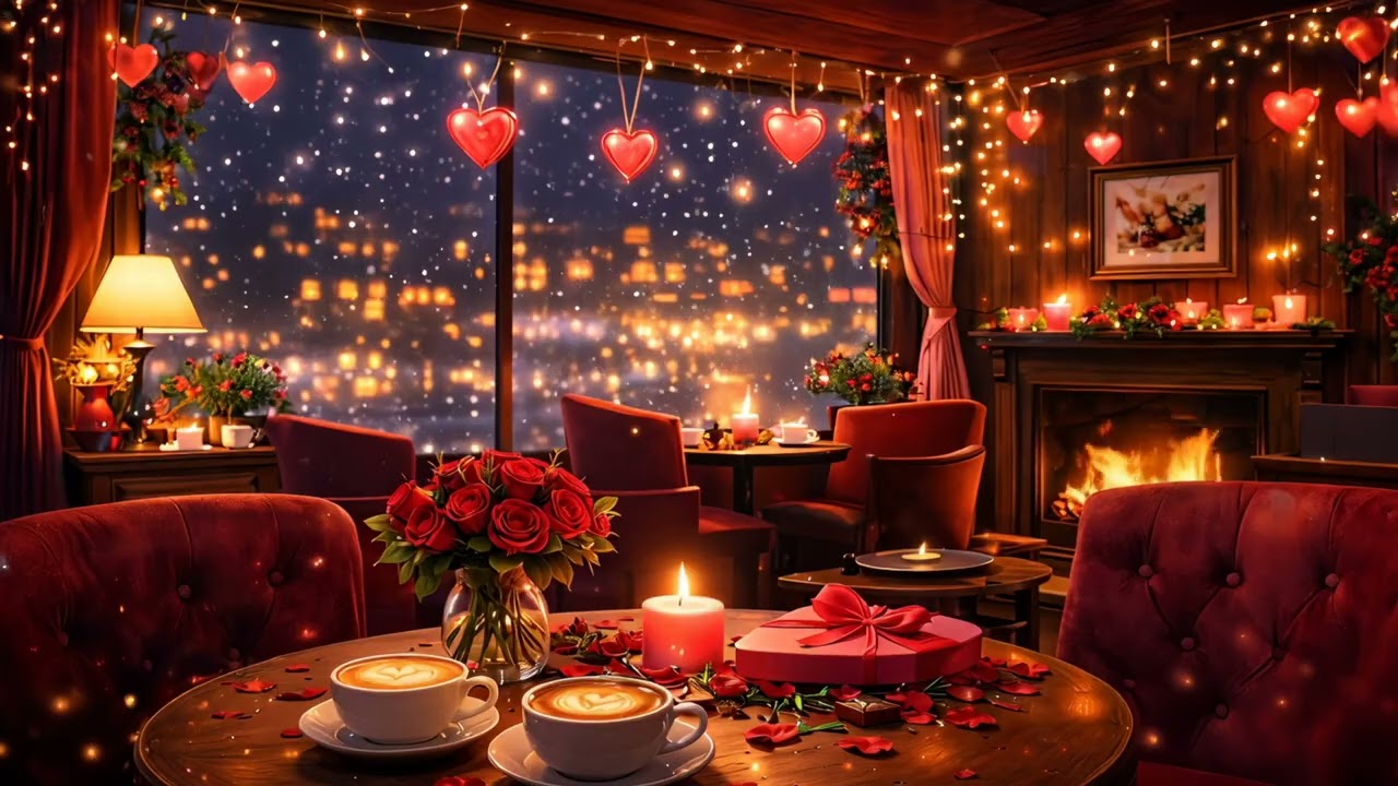 Romantic Valentines Day Cafe Ambience 🌹 Crackling Fireplace & Gentle Snow | Lo-fi Jazz