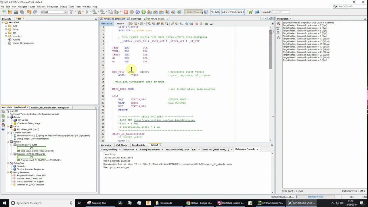 MPLAB X counting instruction cycles using the stopwatch