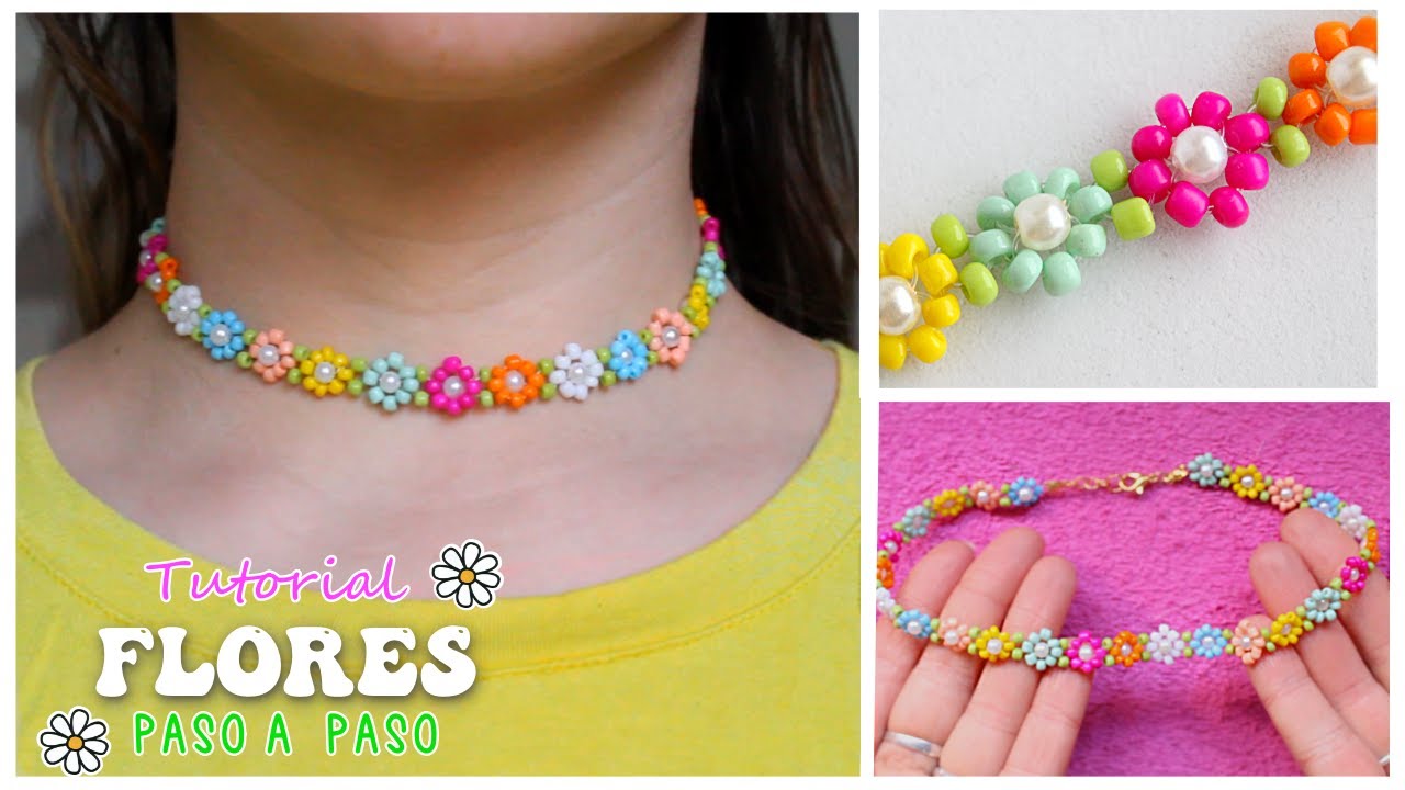 🌼COLLAR/CHOKER  de FLORES 🌼con mostacillas/chaquiras TUTORIAL paso a paso