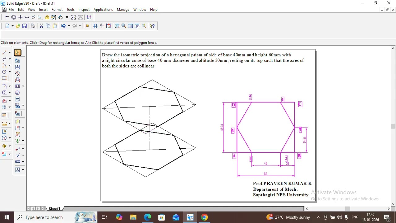 Isometric Projections of a Hexagonal Prism and Cone