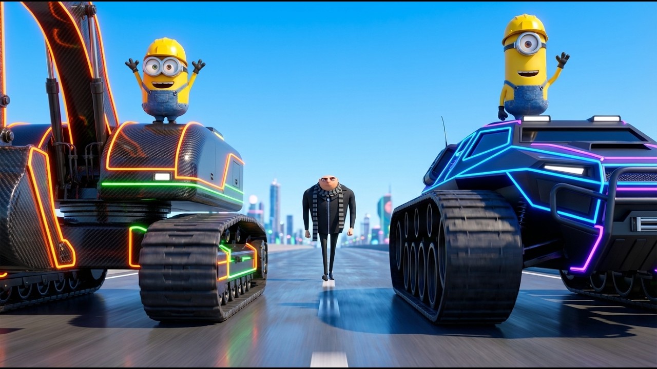 Gru Drives Cyber Car To Rescue Minions From Angry Bulldog In Excavator