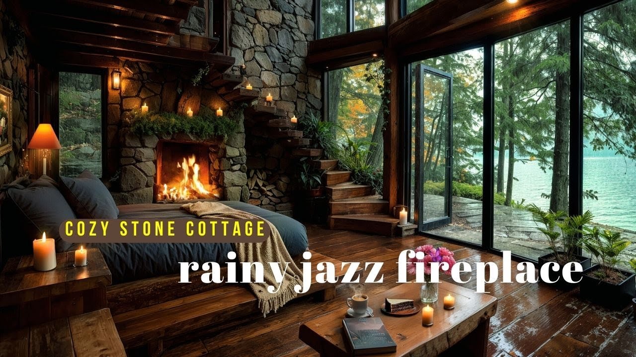You’re Relaxing in a Rainy Lake Cottage 🌧️ Smooth Fireplace Jazz Ambience for Unwind
