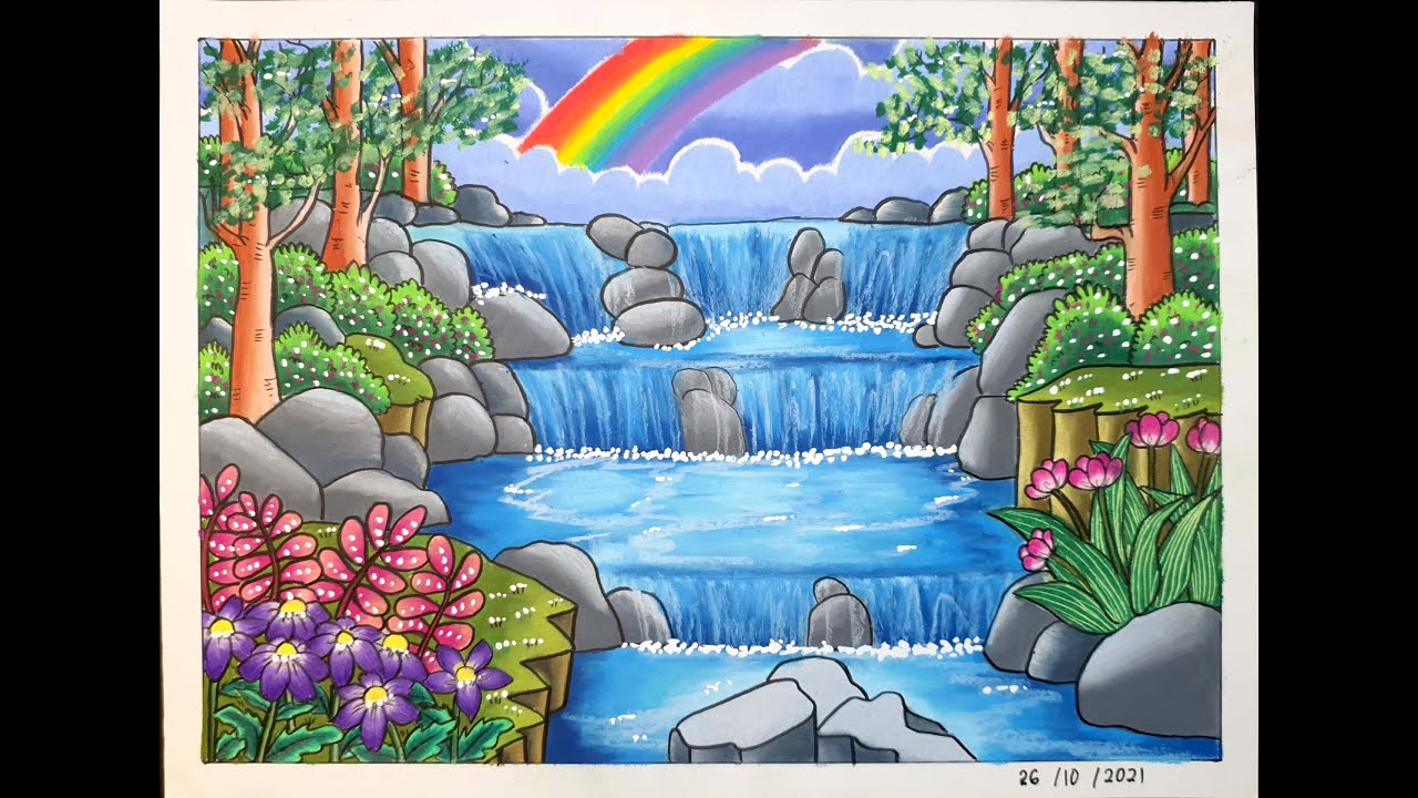 CARA MENGGAMBAR PEMANDANGAN AIR TERJUN BERTINGKAT - CARA GRADASI WARNA OILPASTEL EP 310