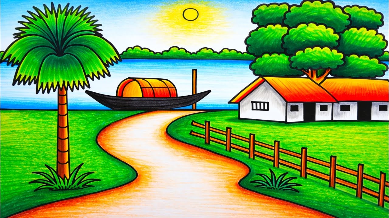 Beautiful Village Landscape Scenery Drawing Step by Step | Easy Nature Drawing with Oil Pastels