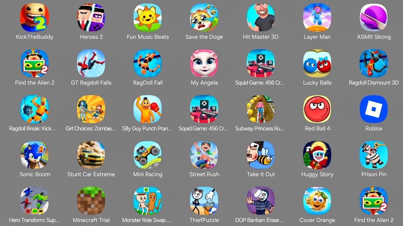 Roblox,Ragdoll Break,Save The Doge,Find The Alien 2,Squid Game,Kick The Buddy,Sprunki