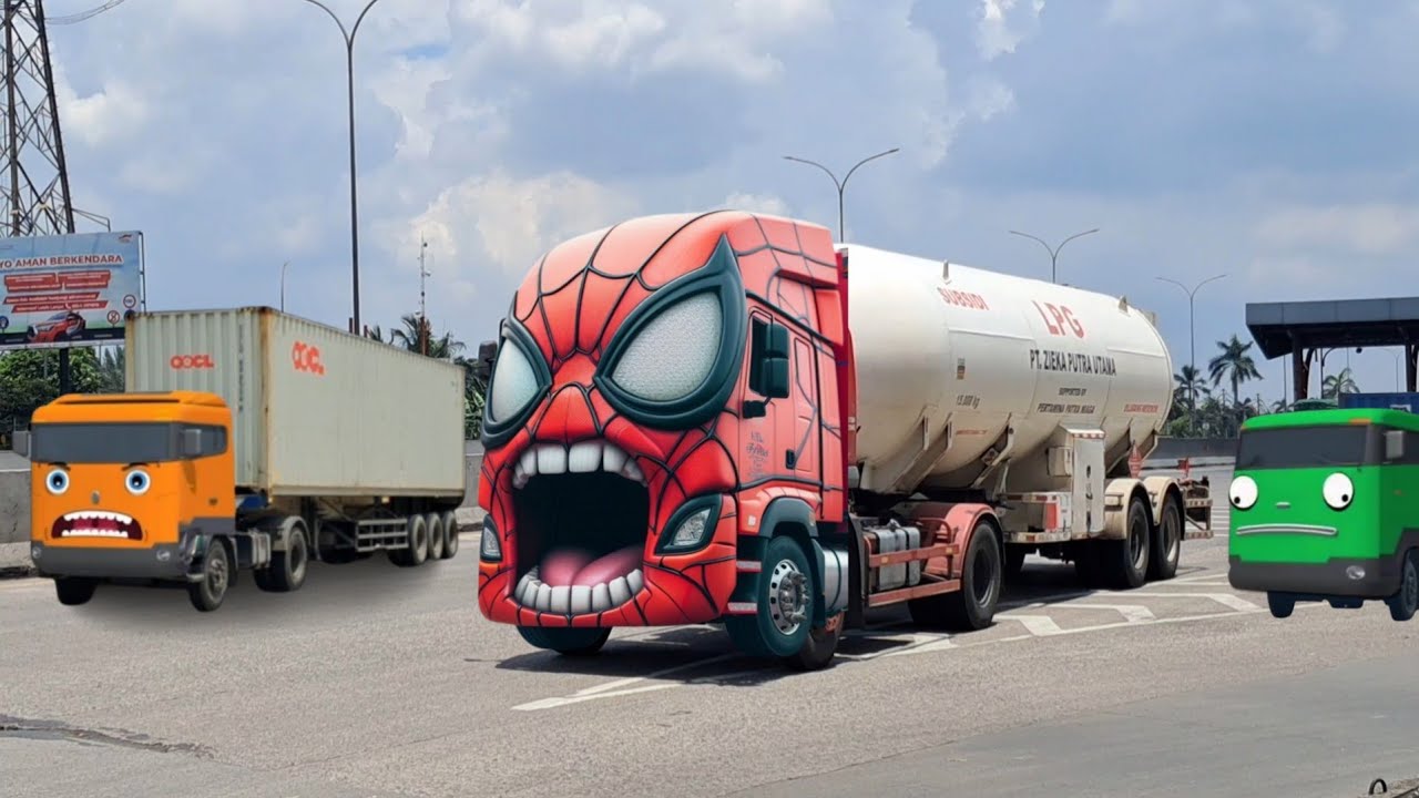 Wow lihat teman teman,ada truk tangki LPG,truk kontainer,berubah mirip teman tayo vs truk SPIDERMAN